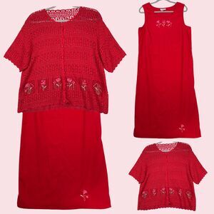 Vtg 90s 2-Piece Maxi Dress Set XL Red Floral Cottage Grandma Boho Y2K Feminine